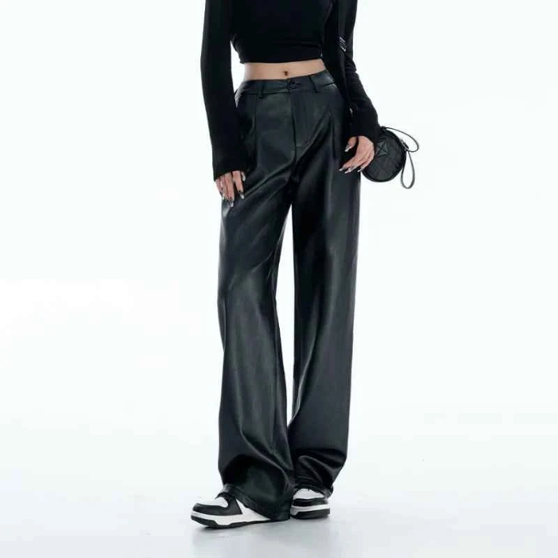 High Waist Black PU Leather Pants