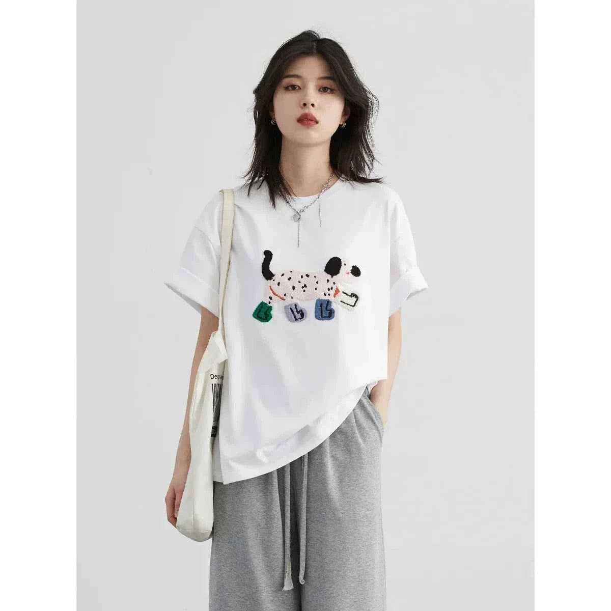 Dog Embroidered Loose Short T-Shirt
