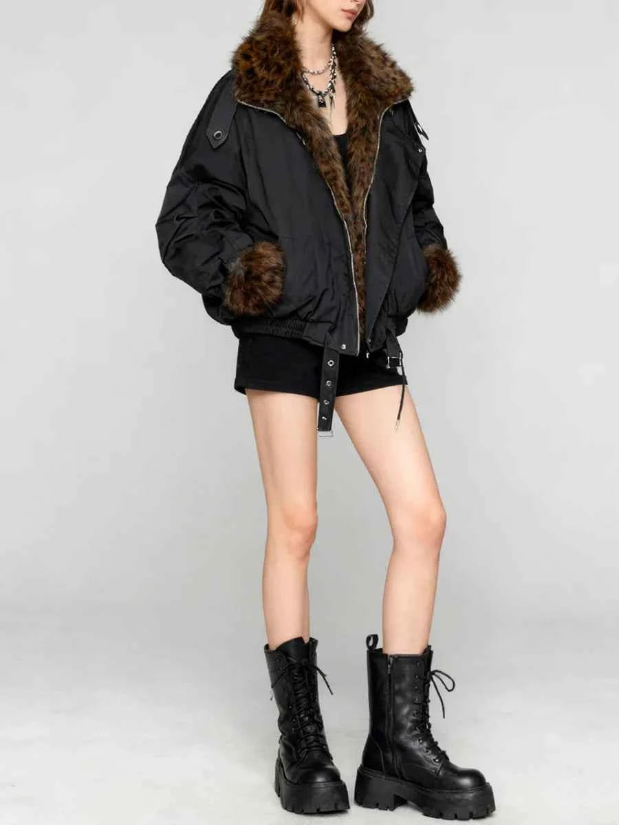 Leopard Spliced Lapel Faux Fur Belted Jacket