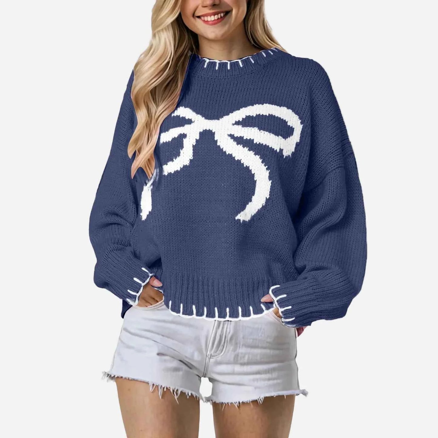 Women Hip Hop Cozy Jacquard Bow Sweater