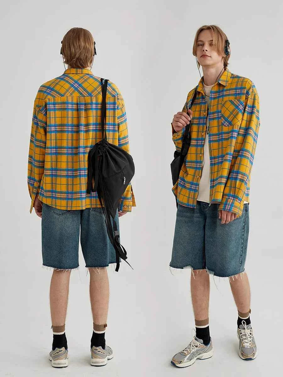 Reddachic Tartan Plaid Contrast Lapel Shirt