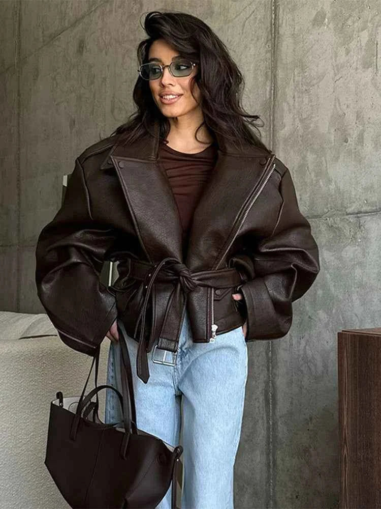 Solid Color Lapel Lace-Up Leather Jacket