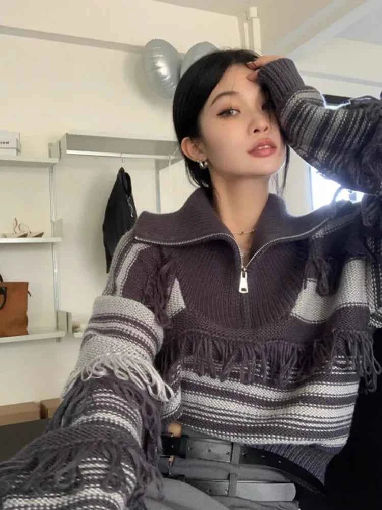 Autumn High-End Striped Fringe Sweater
