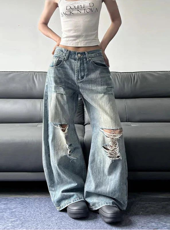 Durable Y2K High Waist Ripped Blue Wide Leg Jeans - Luxuryurbanwear