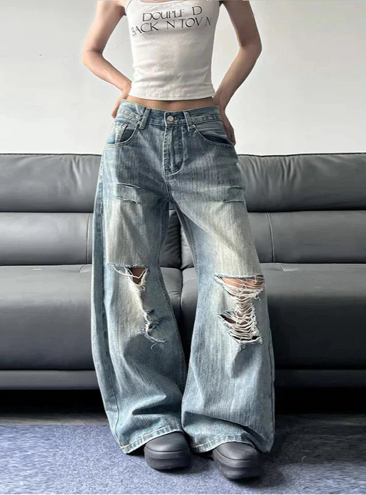 Durable Y2K High Waist Ripped Blue Wide Leg Jeans - Luxuryurbanwear