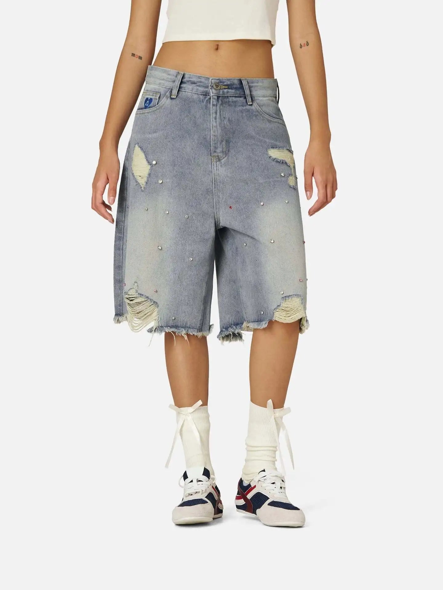 Rhinestone Embellished Pattern Embroidered Straight Denim Shorts
