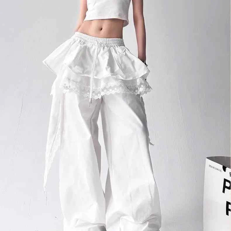 Contrasting Color Patchwork Lace Wide Pants
