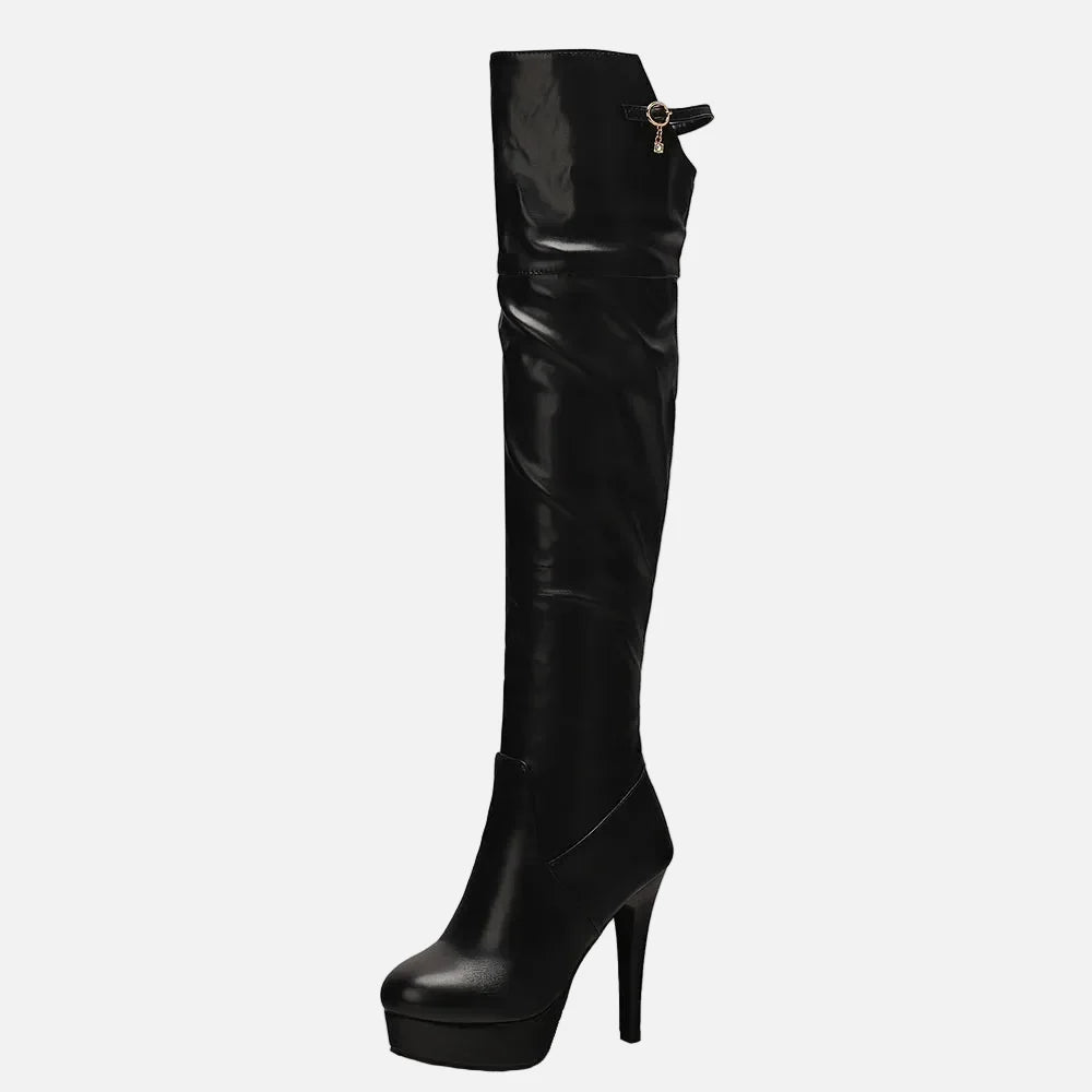 Embroidered Harness Stiletto Over Knee Leather Boots - Luxuryurbanwear
