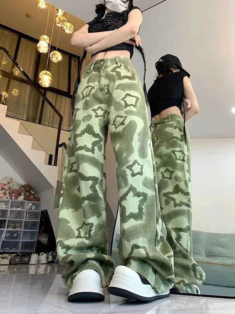 Women Green Star Camouflage High Street Jeans