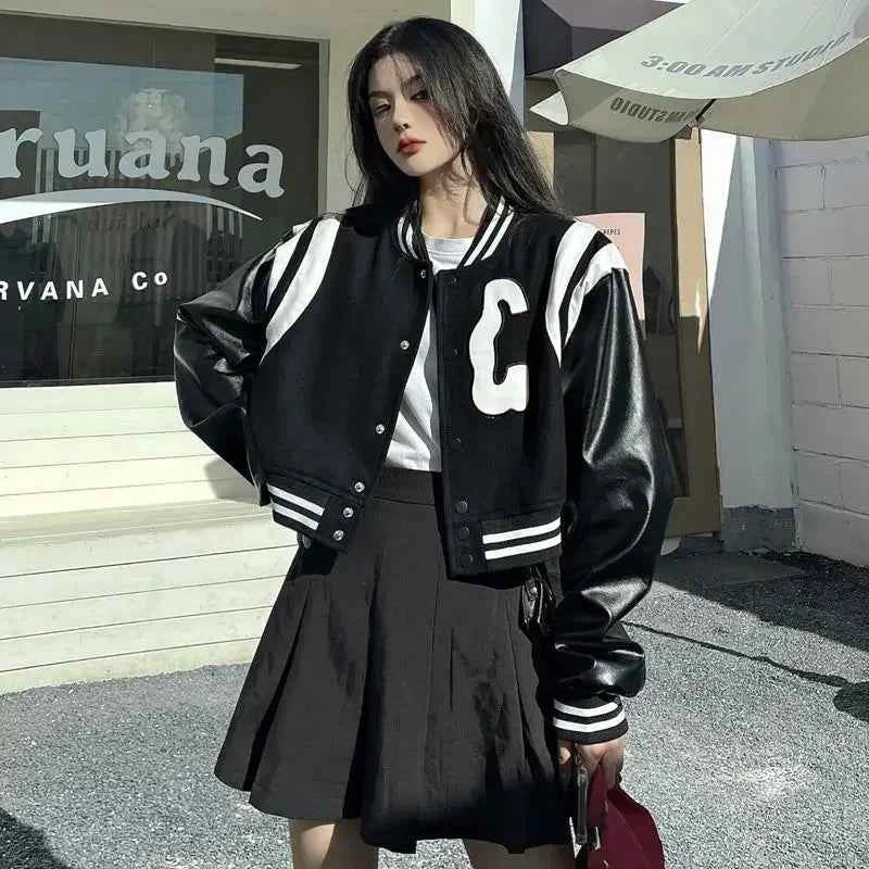 Punk Style Black White Leather Varsity Jacket
