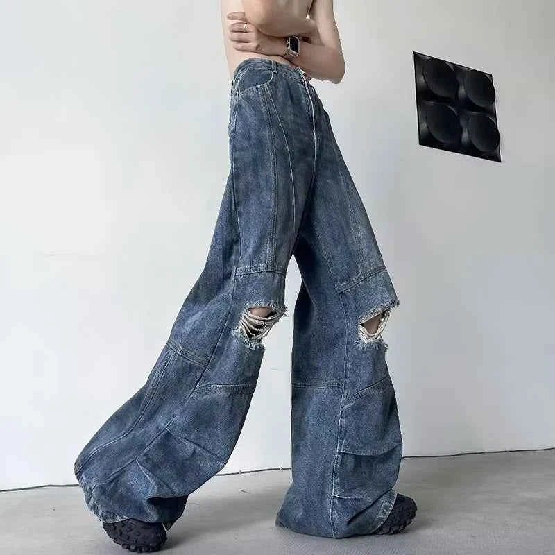 Trendy Wide Leg Broken Hole Jeans