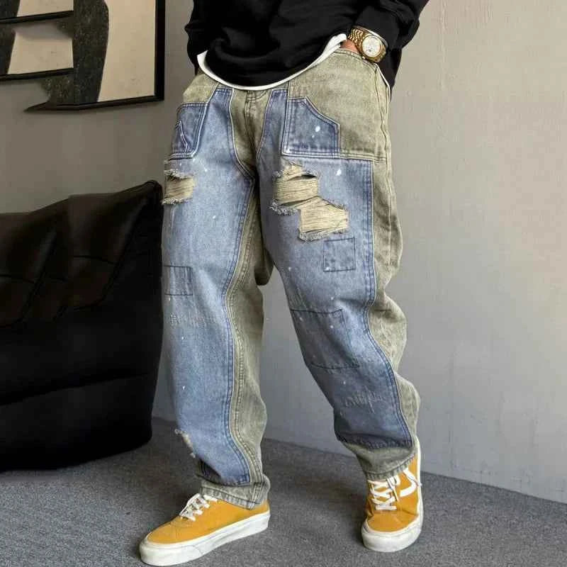 Distressed Stretch Comfort Straight Spliced Casual Jeans