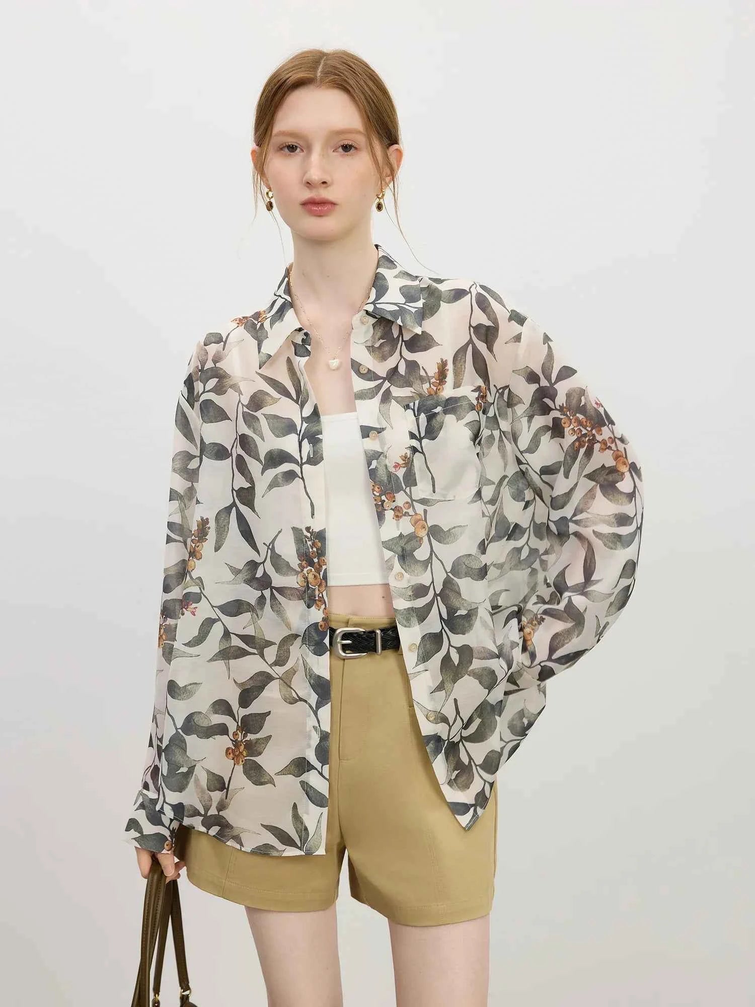 Chic Holiday Style Plant Print Shirt