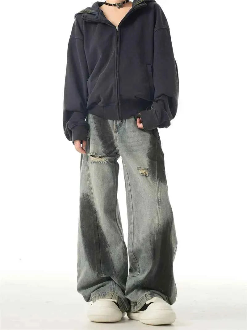 Vintage Streetwear Ripped Straight Wide Jeans