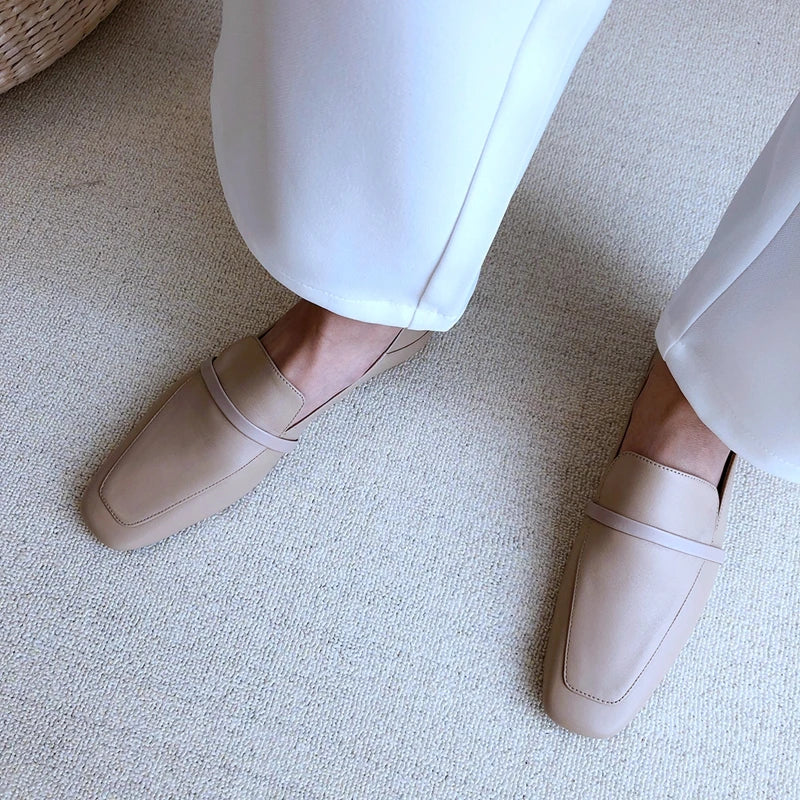 Cow Leather Square Toe Women Flats Casual Loafers Women Shoe Without Heel 2025 New Spring Autumn Mules Woman Simple White Shoes