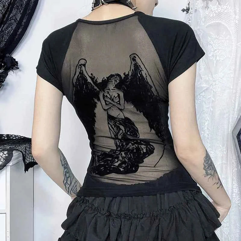 Dark Gothic Sheer Mesh Backless T-Shirt