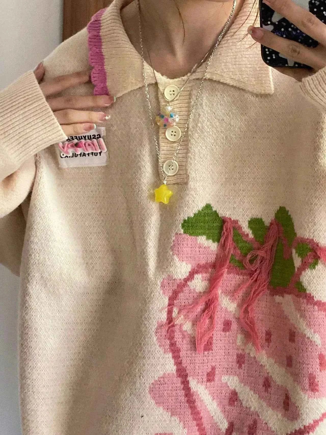 Cute Loose Knit Strawberry Sweater