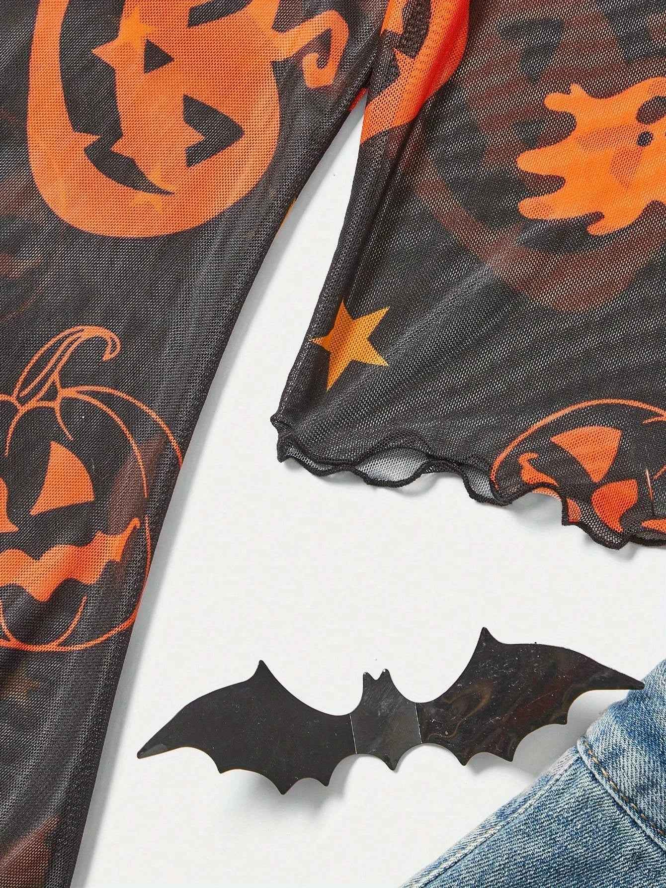 Halloween Pumpkin Pattern Mesh American T-Shirt