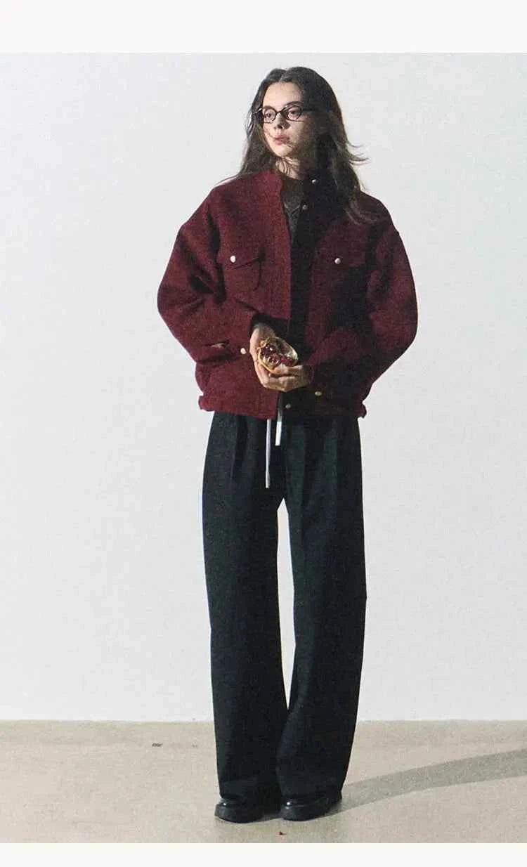 Red Woolen Commuting Baseball Jacket