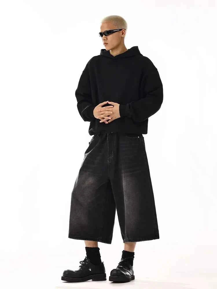 Men Black Wide Leg Cleanfit Denim Jorts