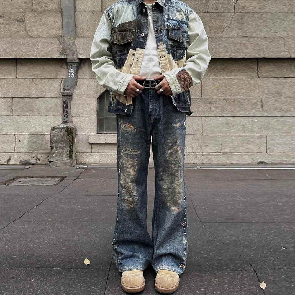 Vintage Digital Printed Distressed Jeans
