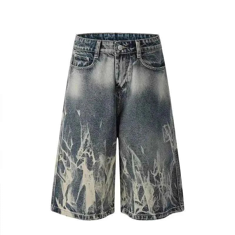Streetwear Comfort Flame Wash Wide Leg Denim jorts