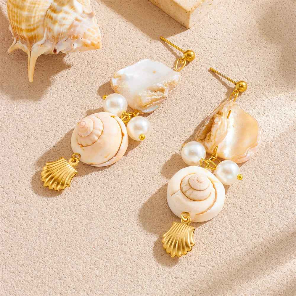 Irregular Stone Conch Pearl Earrings
