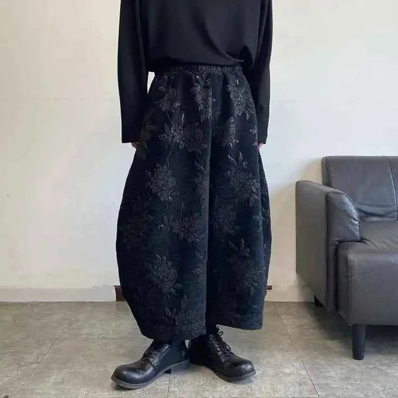 Men Floral Embroidery Baggy Wide Leg Pants