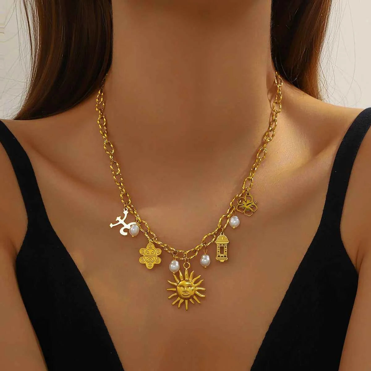 Golden Flower Pearl Sun Pendant Necklace