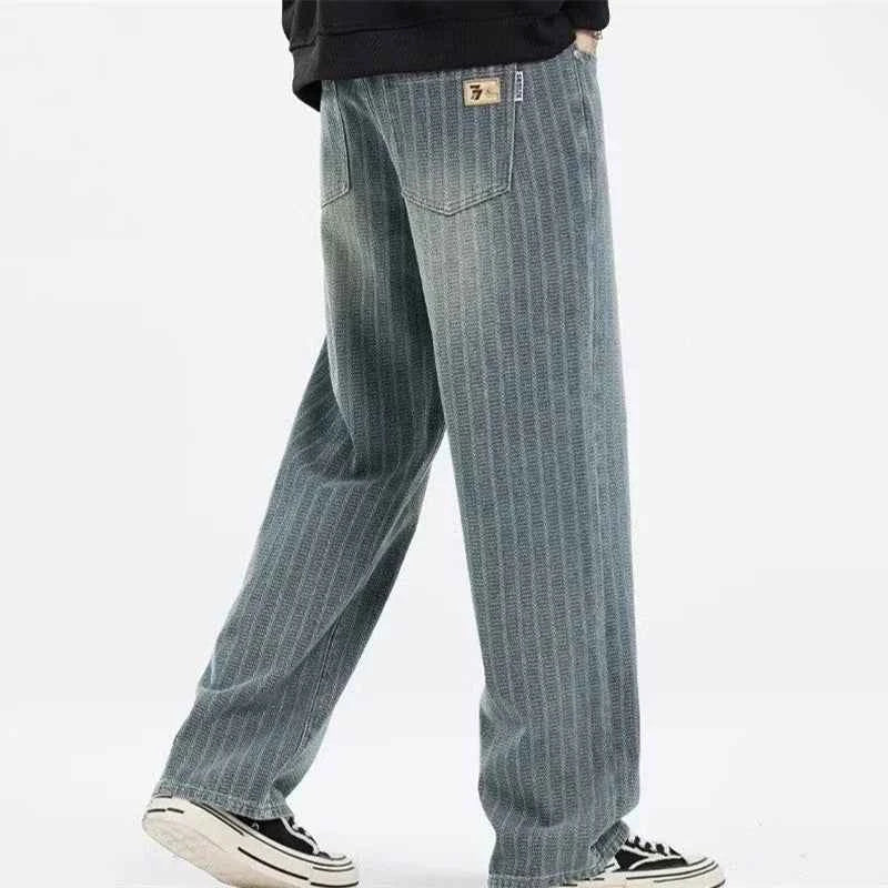 Vintage Blue Striped Autumn Wide Leg Denim Jeans