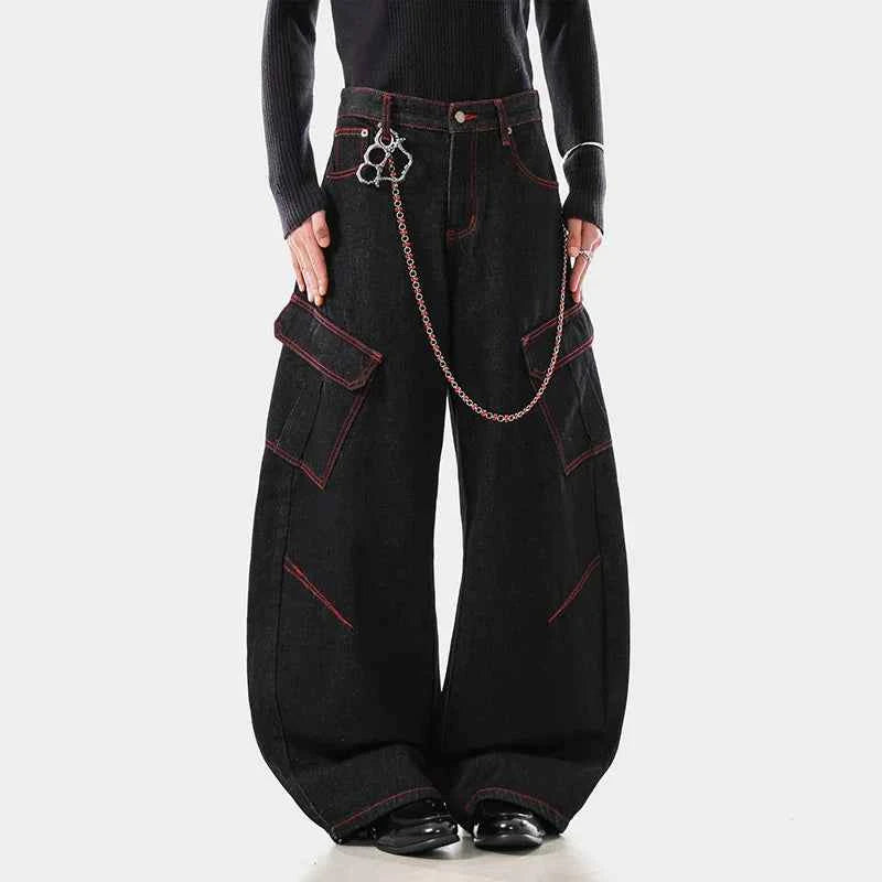 Streetwear Curved Knife Wide Leg Denim Cargo Jeans