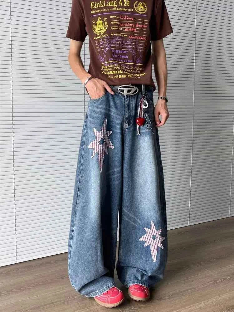 Star Embroidery Baggy Stacked Hip Hop Jeans