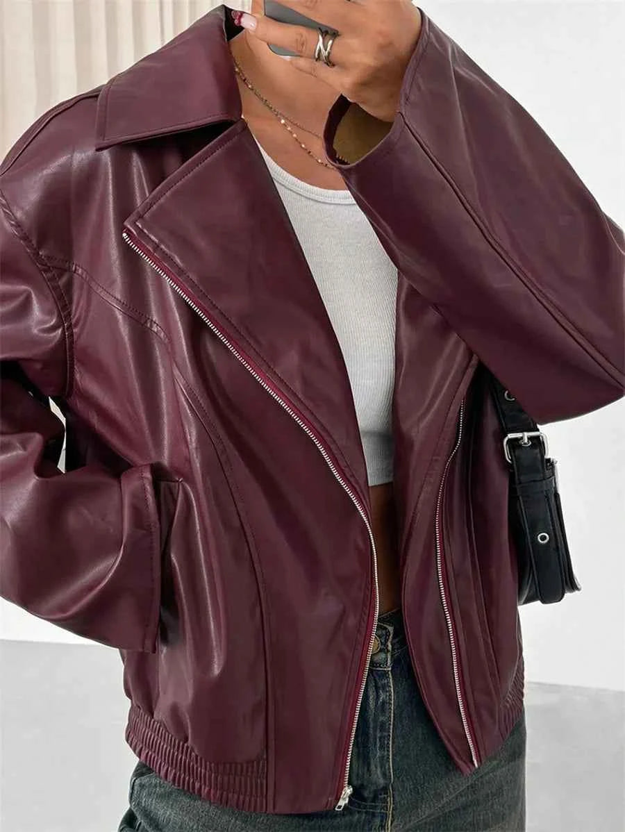Burgundy Stylish Faux Zip-Up Leather Jacket