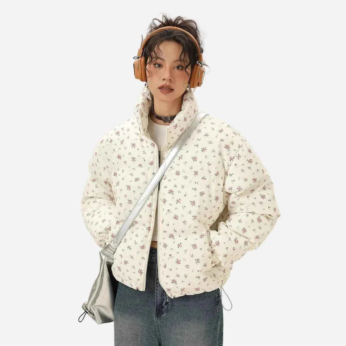 Floral Stand-Up Collar Thickened Puffer Jacket