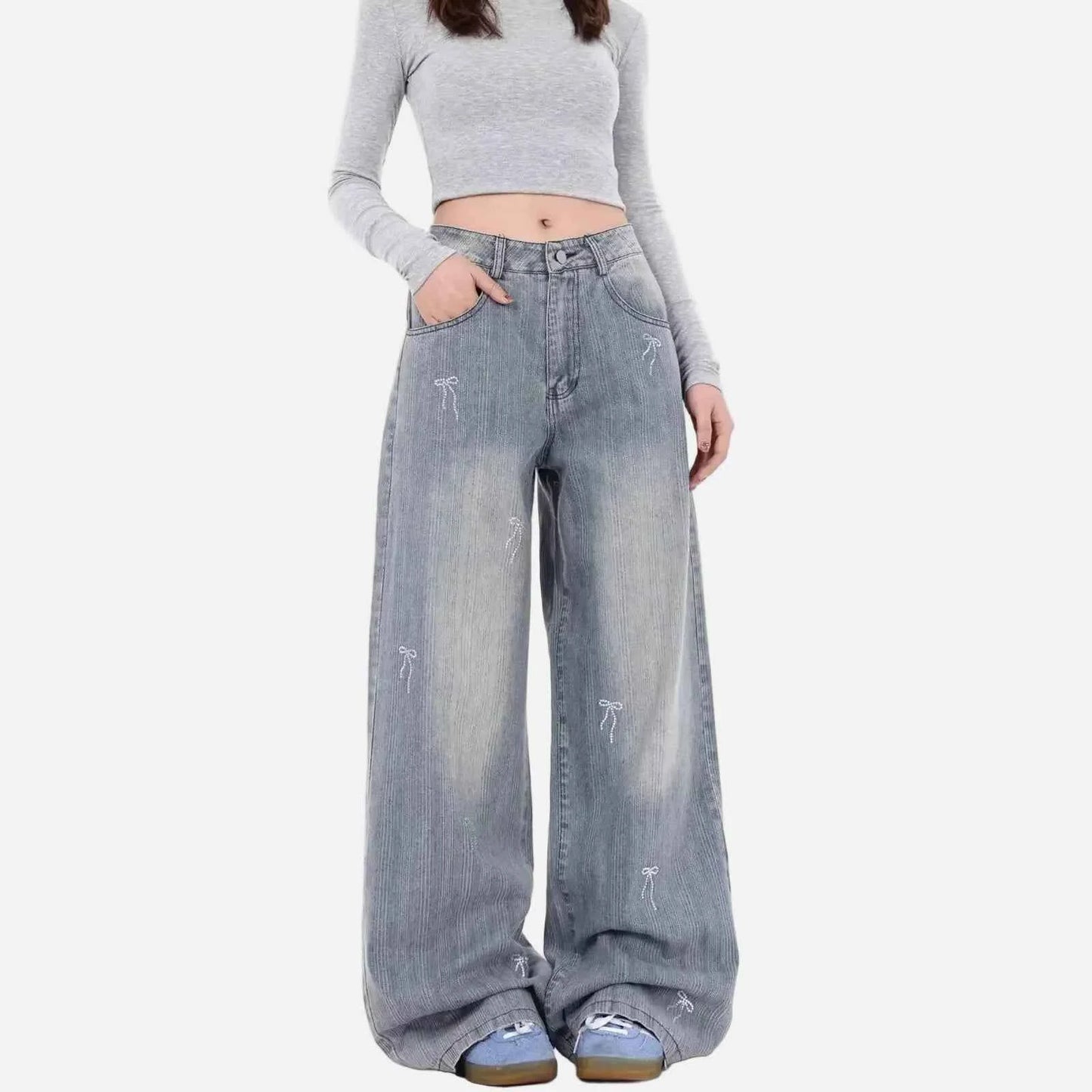 Embroidered Bow Loose Wide Leg Jeans