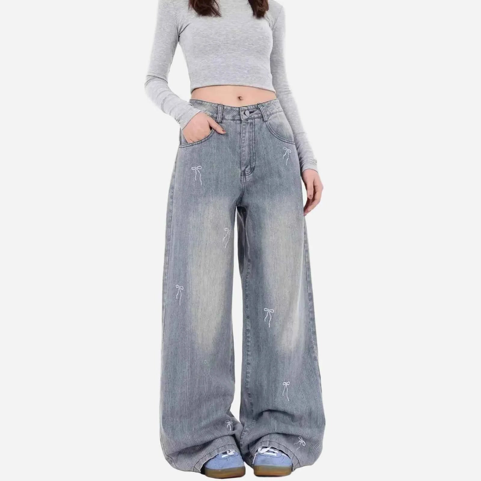 Embroidered Bow Loose Wide Leg Jeans