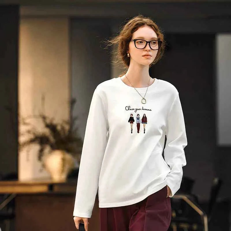 White Embroidered Graphic Long Sleeve T-Shirt