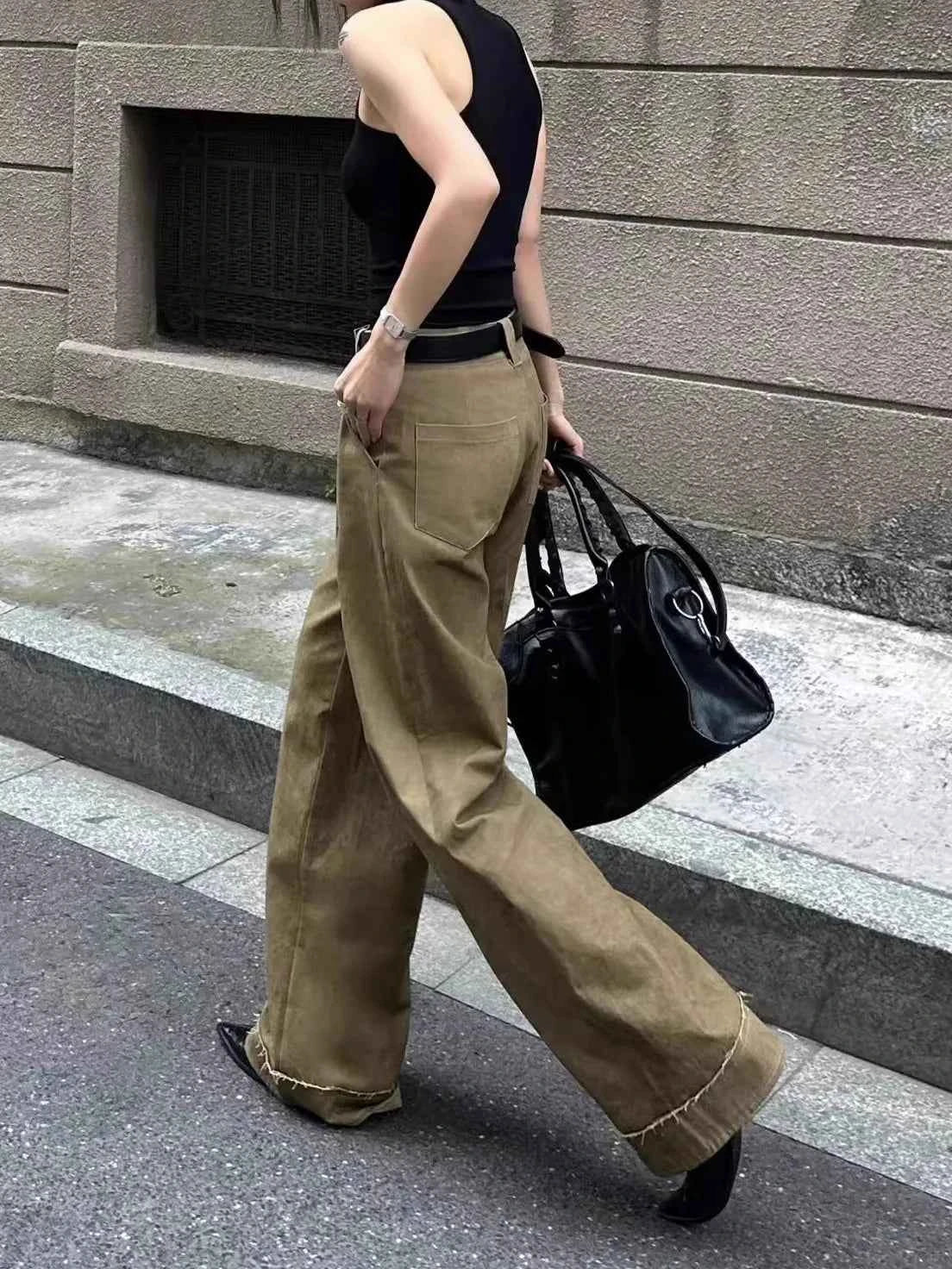 Effortless Cool Retro Khaki Wide Leg Jeans