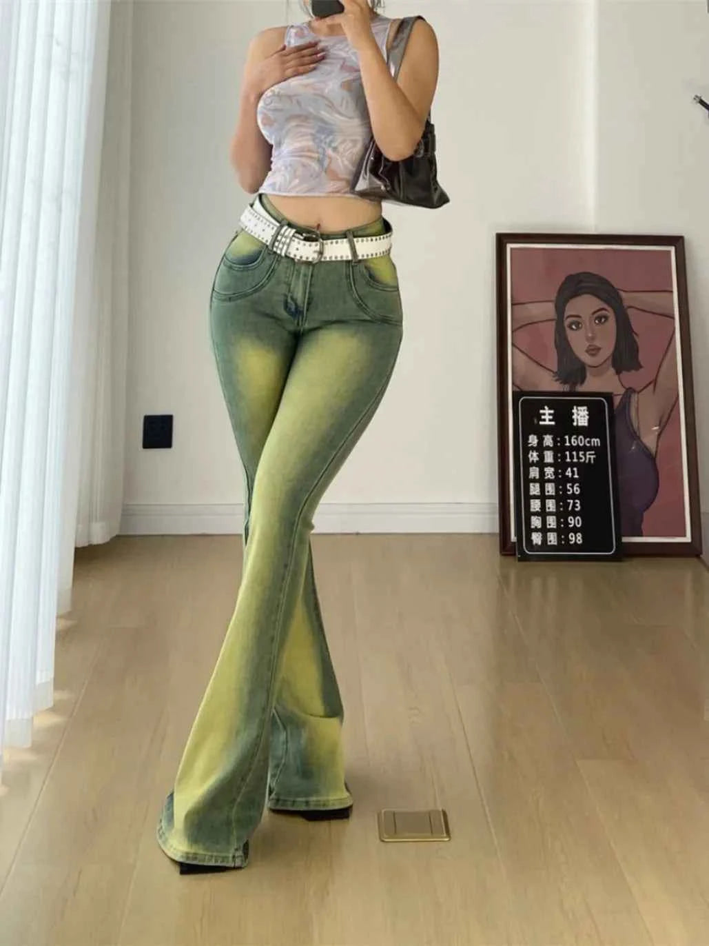 Women Vintage Green High Waist Flared Jeans