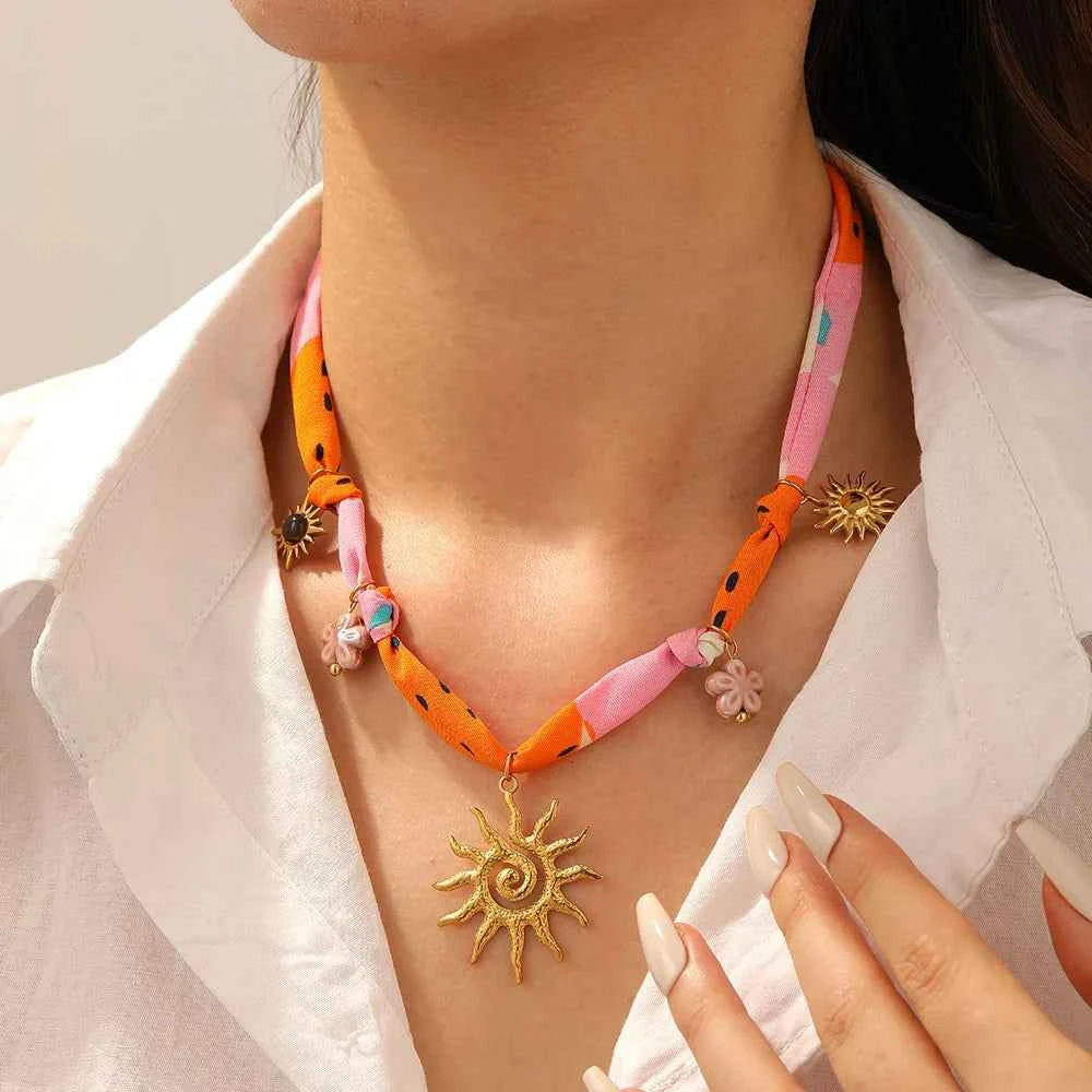 Golden Sun Totem Ceramic Flower Necklace