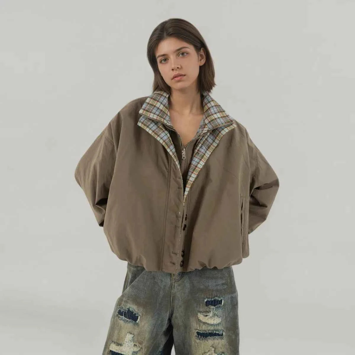 Elevated Retro Colorblock Plaid Casual Jacket