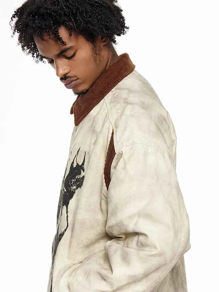 Cozy Distressed Dog Head Graffiti Lapel Jacket
