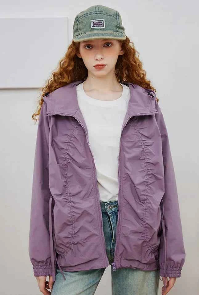 Minimalist Pleated Loose Fit Hooded Windbreaker Jacket