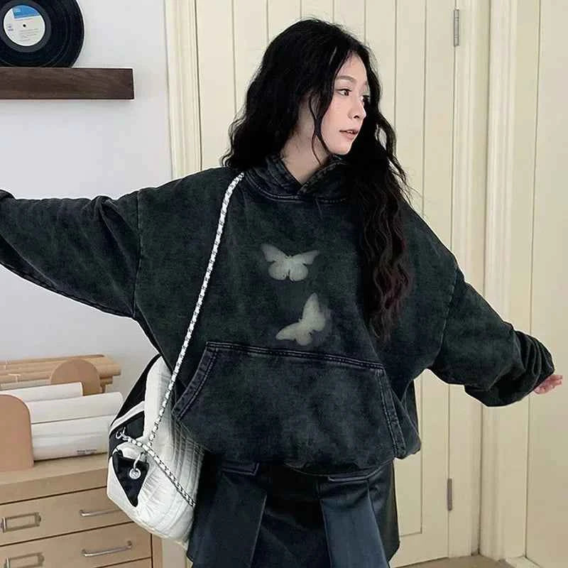 Butterfly Print Washed Black Oversized Hoodie