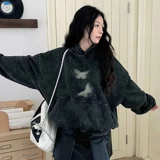 Butterfly Print Washed Black Oversized Hoodie