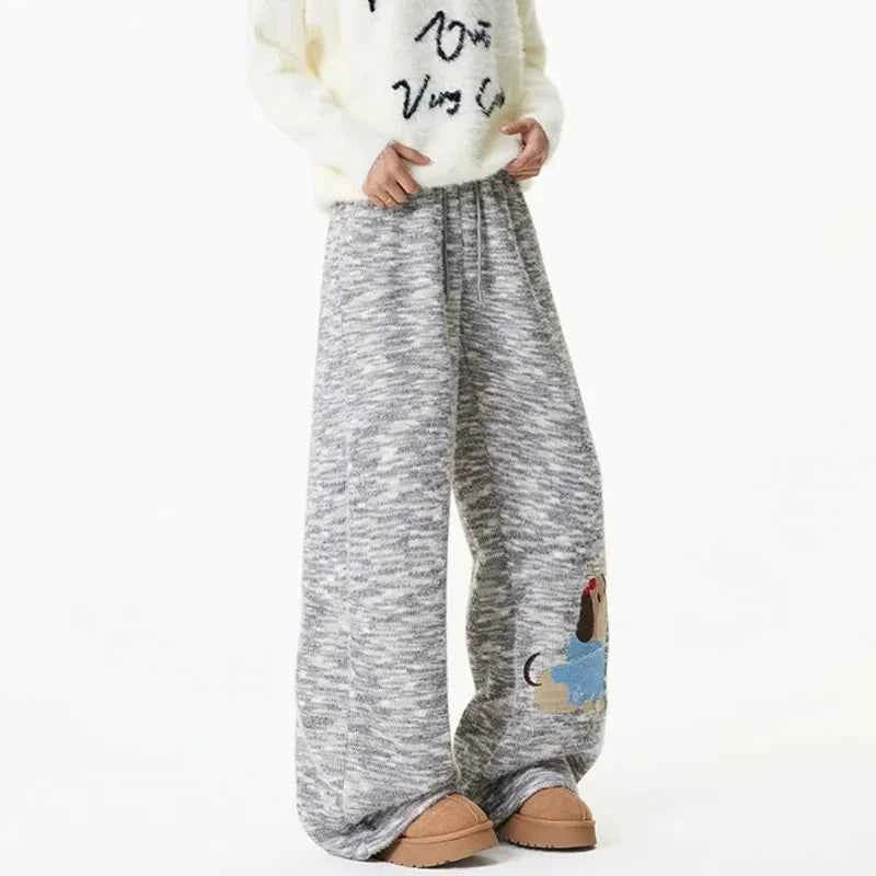 Winter Embroidery Cartoon Pattern Elastic Sweatpants