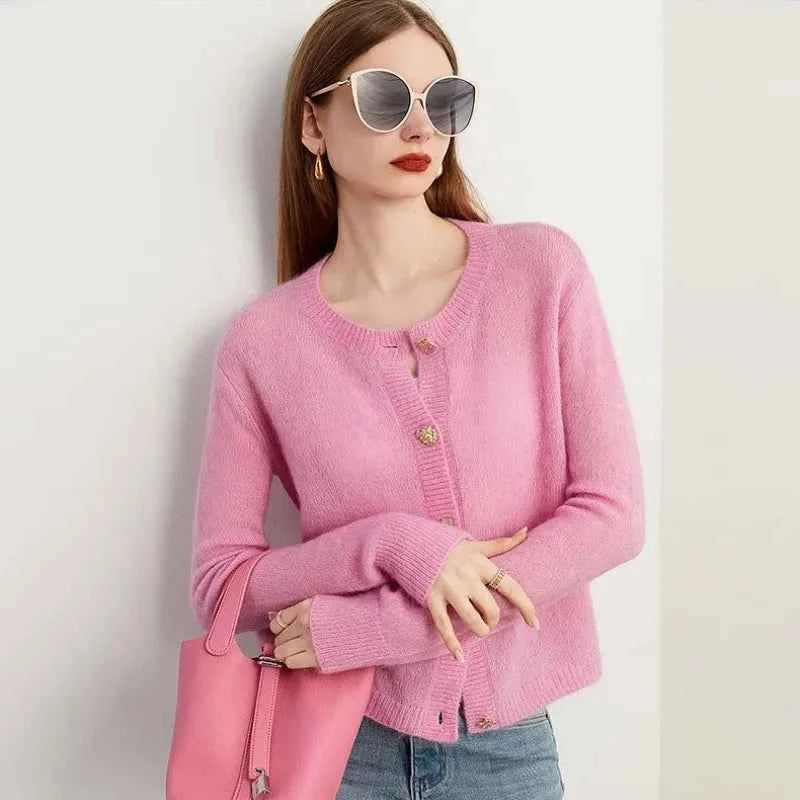 Women Pink French Knitted Button Cardigan