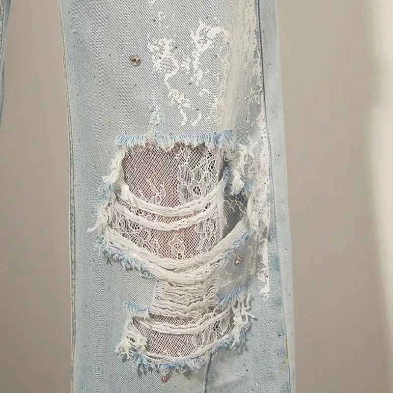 Women New Trendy Lace Hole High Jeans