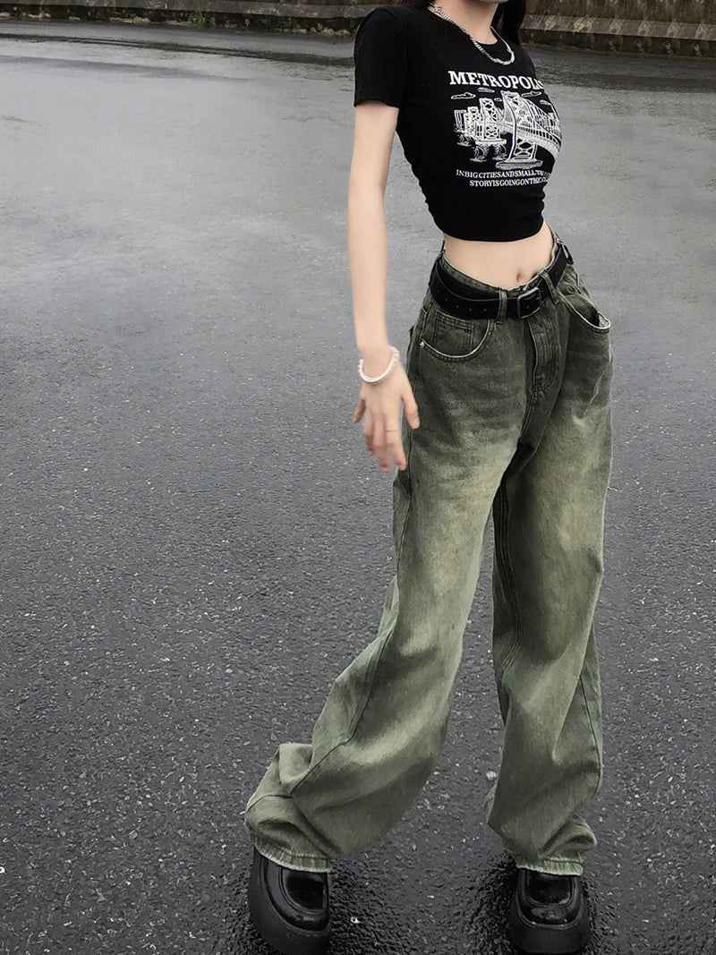Y2K Women Green Gradient Wide Leg Jeans