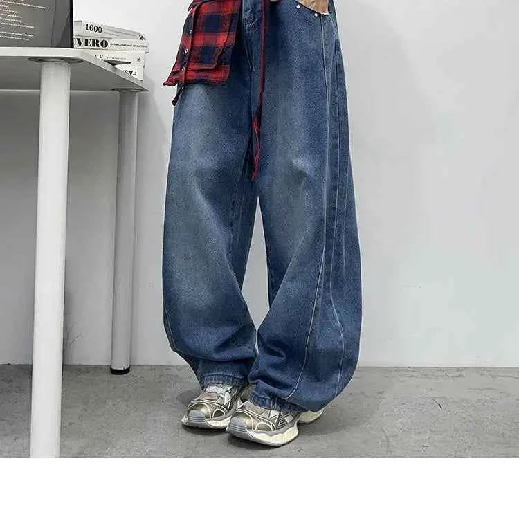 Retro Cool Plaid Printed Loose Denim Jeans